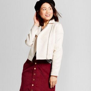 a new day NEW Cropped MOTO Zip JACKET Womens L LARGE Coat Cream Gold Metallic